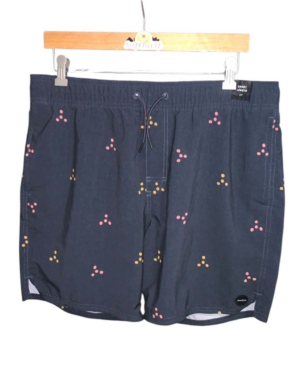 RVCA Men’s Large Navy Blue Swim Shorts with Pink & Yellow Dot Clusters